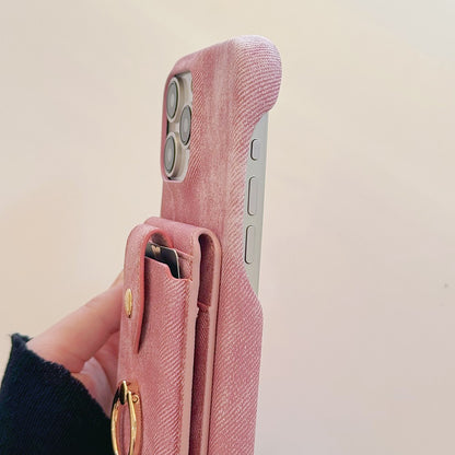 For iPhone 14 Pro Case Ring Kickstand Card Holder Jeans Cloth Texture PU Leather Back Cover with Strap