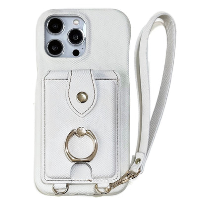 For iPhone 14 Pro Case Ring Kickstand Card Holder Jeans Cloth Texture PU Leather Back Cover with Strap