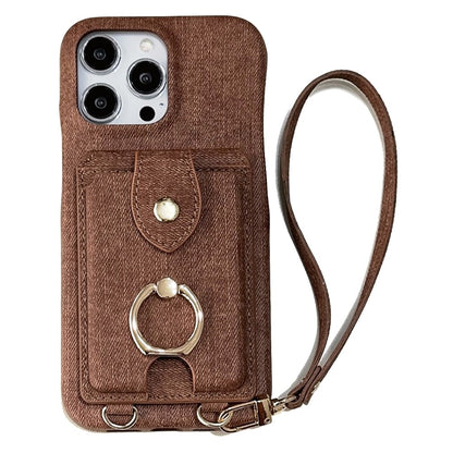 For iPhone 14 Pro Case Ring Kickstand Card Holder Jeans Cloth Texture PU Leather Back Cover with Strap