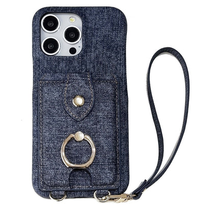For iPhone 14 Pro Case Ring Kickstand Card Holder Jeans Cloth Texture PU Leather Back Cover with Strap