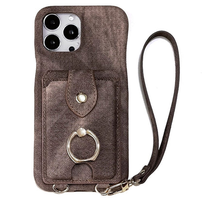 For iPhone 14 Pro Case Ring Kickstand Card Holder Jeans Cloth Texture PU Leather Back Cover with Strap