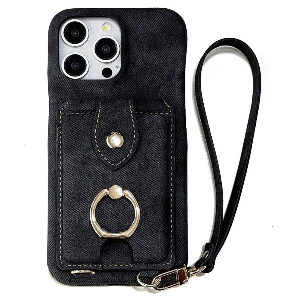 For iPhone 14 Pro Case Ring Kickstand Card Holder Jeans Cloth Texture PU Leather Back Cover with Strap