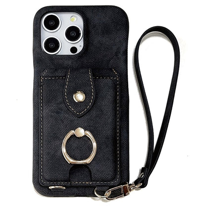 For iPhone 14 Pro Case Ring Kickstand Card Holder Jeans Cloth Texture PU Leather Back Cover with Strap