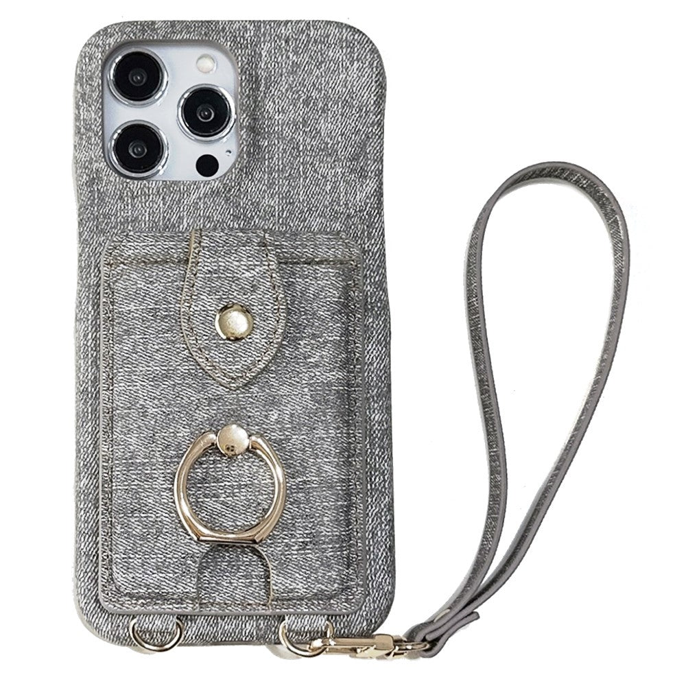 For iPhone 14 Pro Case Ring Kickstand Card Holder Jeans Cloth Texture PU Leather Back Cover with Strap