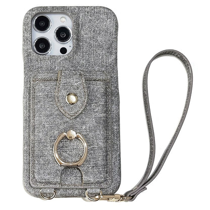 For iPhone 14 Pro Case Ring Kickstand Card Holder Jeans Cloth Texture PU Leather Back Cover with Strap
