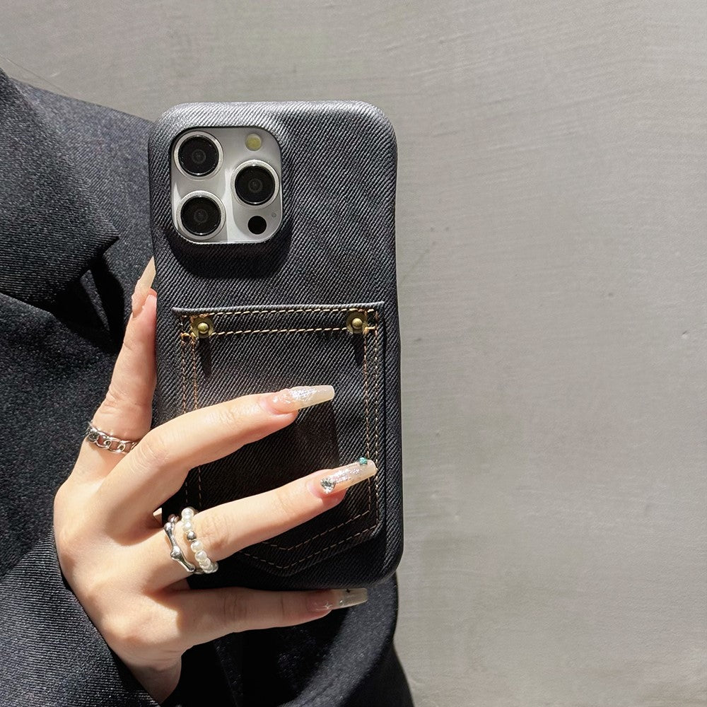 For iPhone 14 Pro Case Card Holder Jeans Cloth Texture PU Leather Back Cover