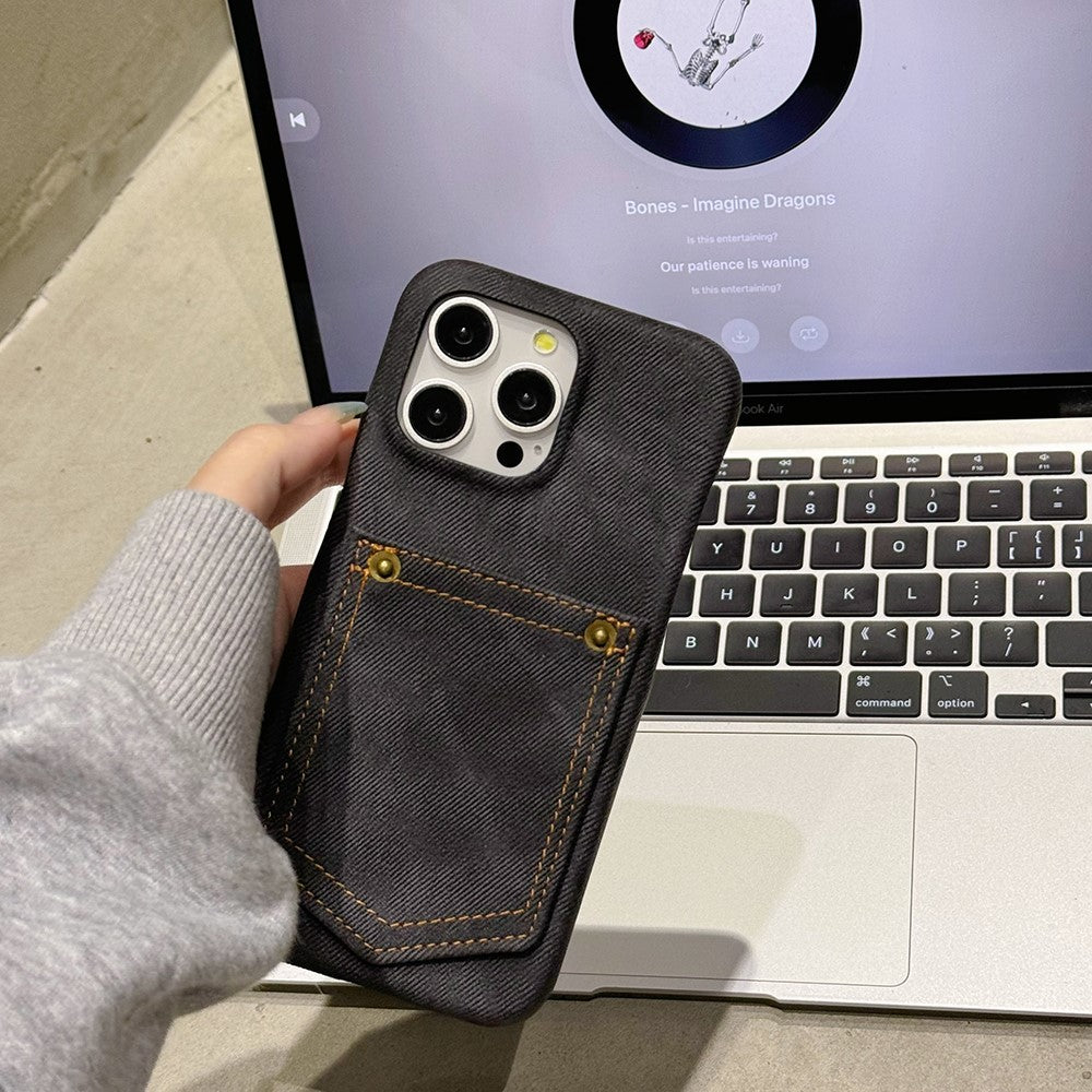 For iPhone 14 Pro Case Card Holder Jeans Cloth Texture PU Leather Back Cover