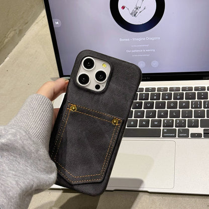 For iPhone 14 Pro Case Card Holder Jeans Cloth Texture PU Leather Back Cover