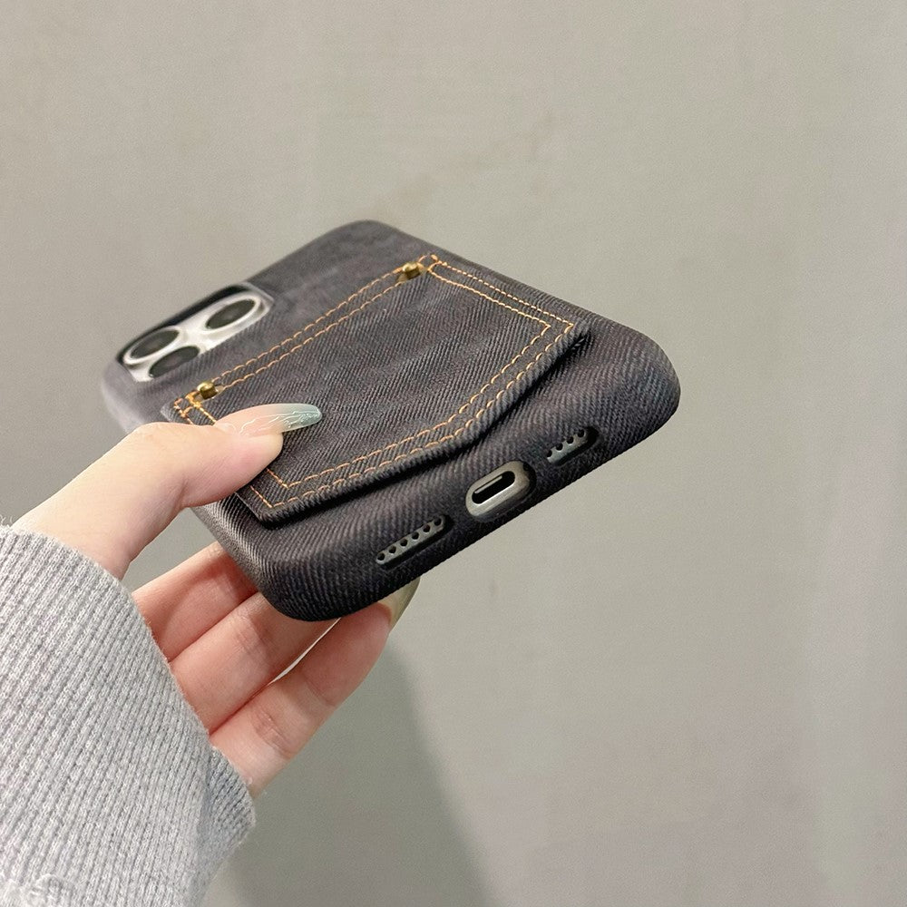 For iPhone 14 Pro Case Card Holder Jeans Cloth Texture PU Leather Back Cover