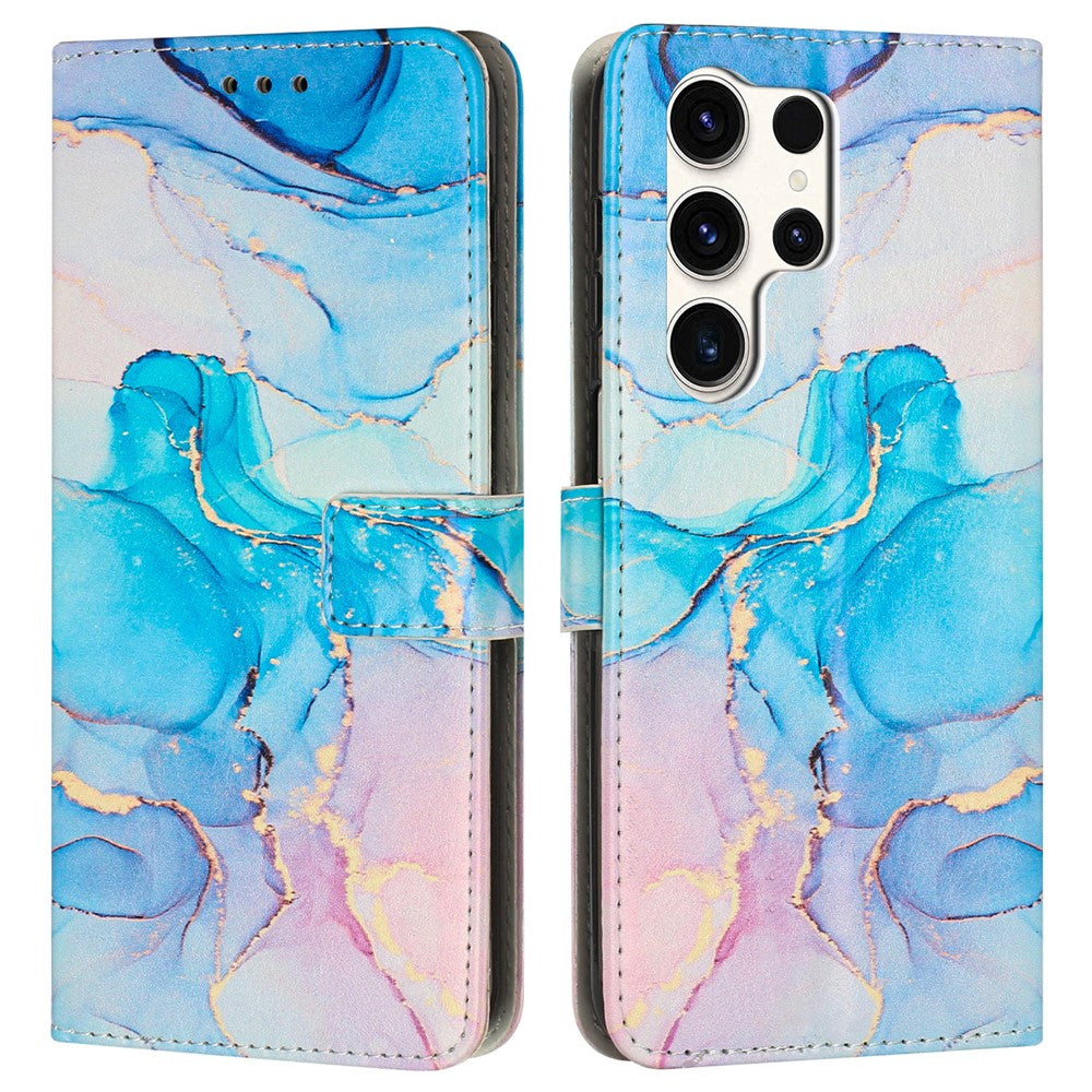 For Samsung Galaxy S25 Ultra Stand Case Marble Pattern PU Leather Wallet Phone Cover with Wrist Strap