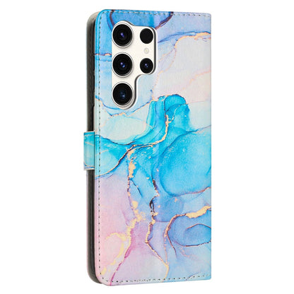 For Samsung Galaxy S25 Ultra Stand Case Marble Pattern PU Leather Wallet Phone Cover with Wrist Strap