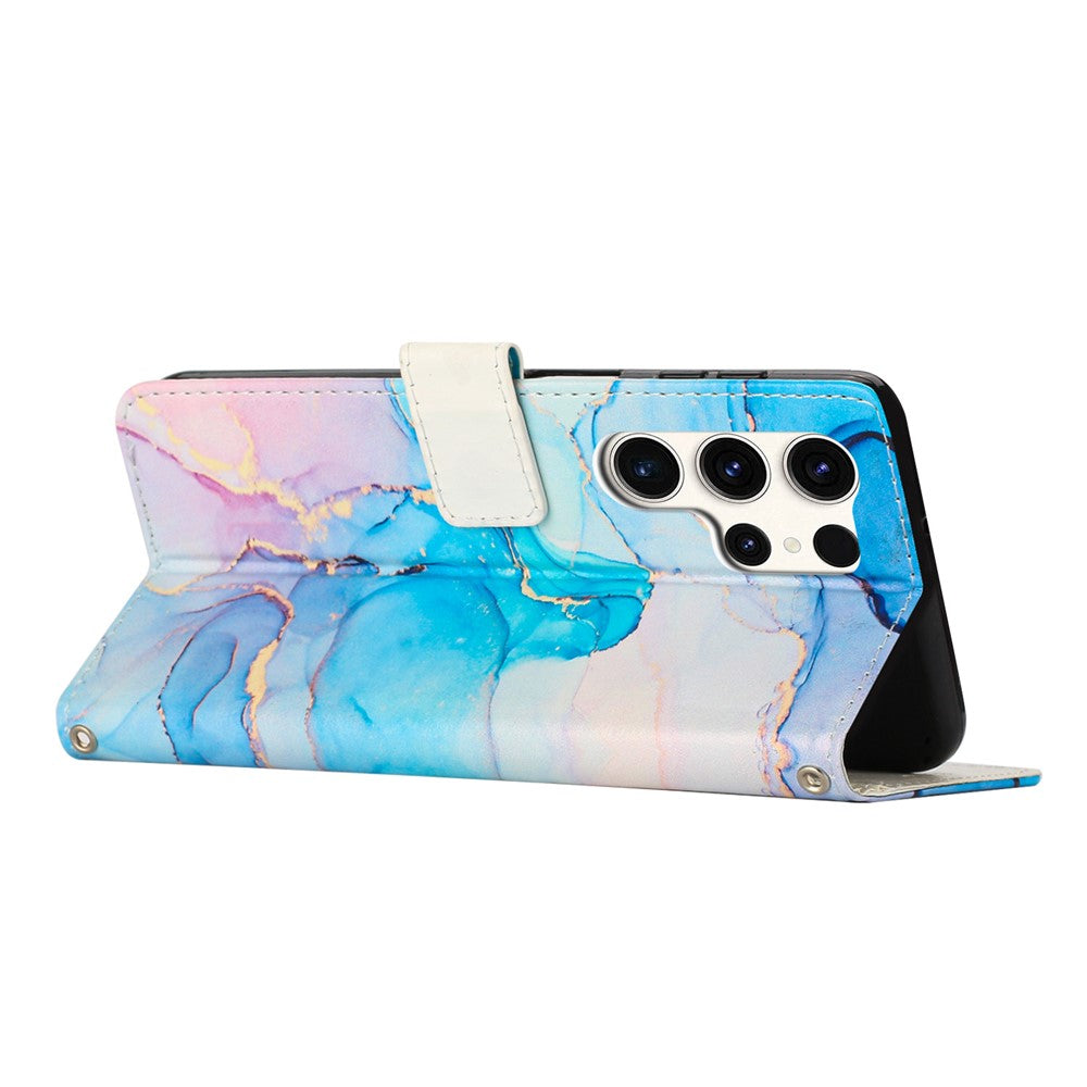 For Samsung Galaxy S25 Ultra Stand Case Marble Pattern PU Leather Wallet Phone Cover with Wrist Strap