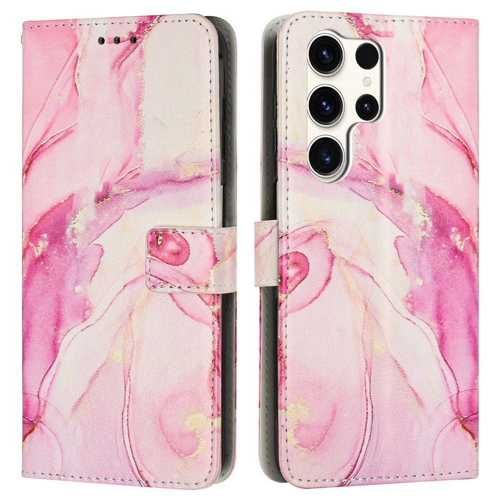 For Samsung Galaxy S25 Ultra Stand Case Marble Pattern PU Leather Wallet Phone Cover with Wrist Strap
