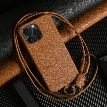 For iPhone 14 Pro Case with Lanyard Genuine Cow Leather PC Phone Back Cover