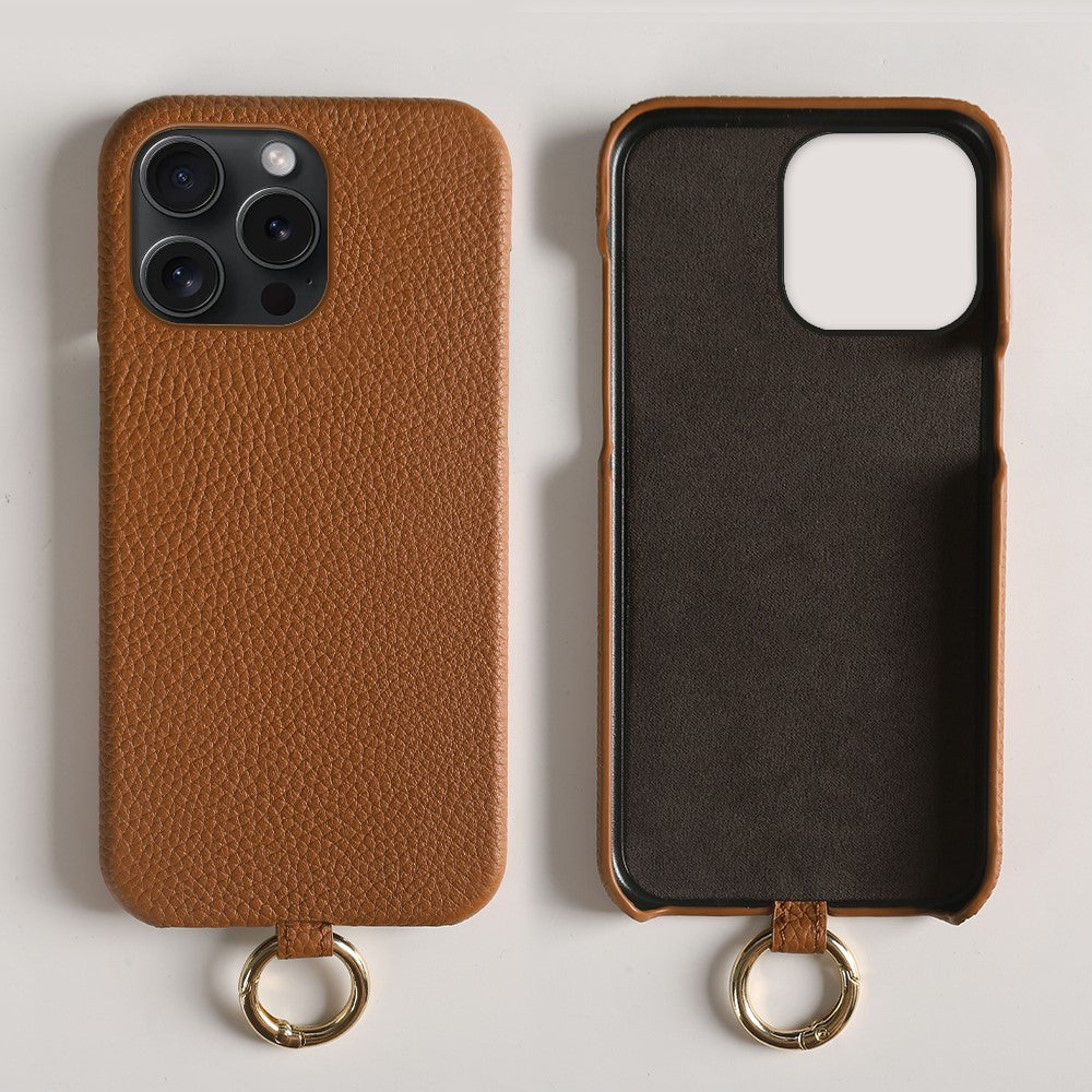 For iPhone 14 Pro Case with Lanyard Genuine Cow Leather PC Phone Back Cover