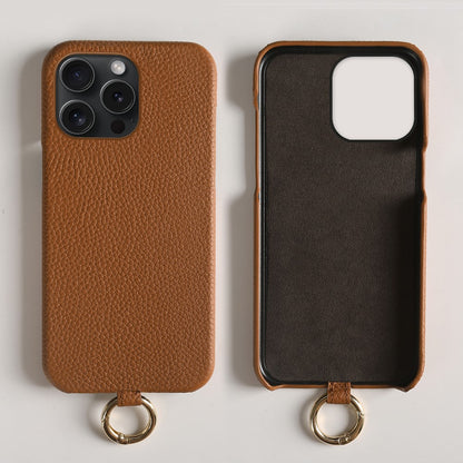 For iPhone 14 Pro Case with Lanyard Genuine Cow Leather PC Phone Back Cover