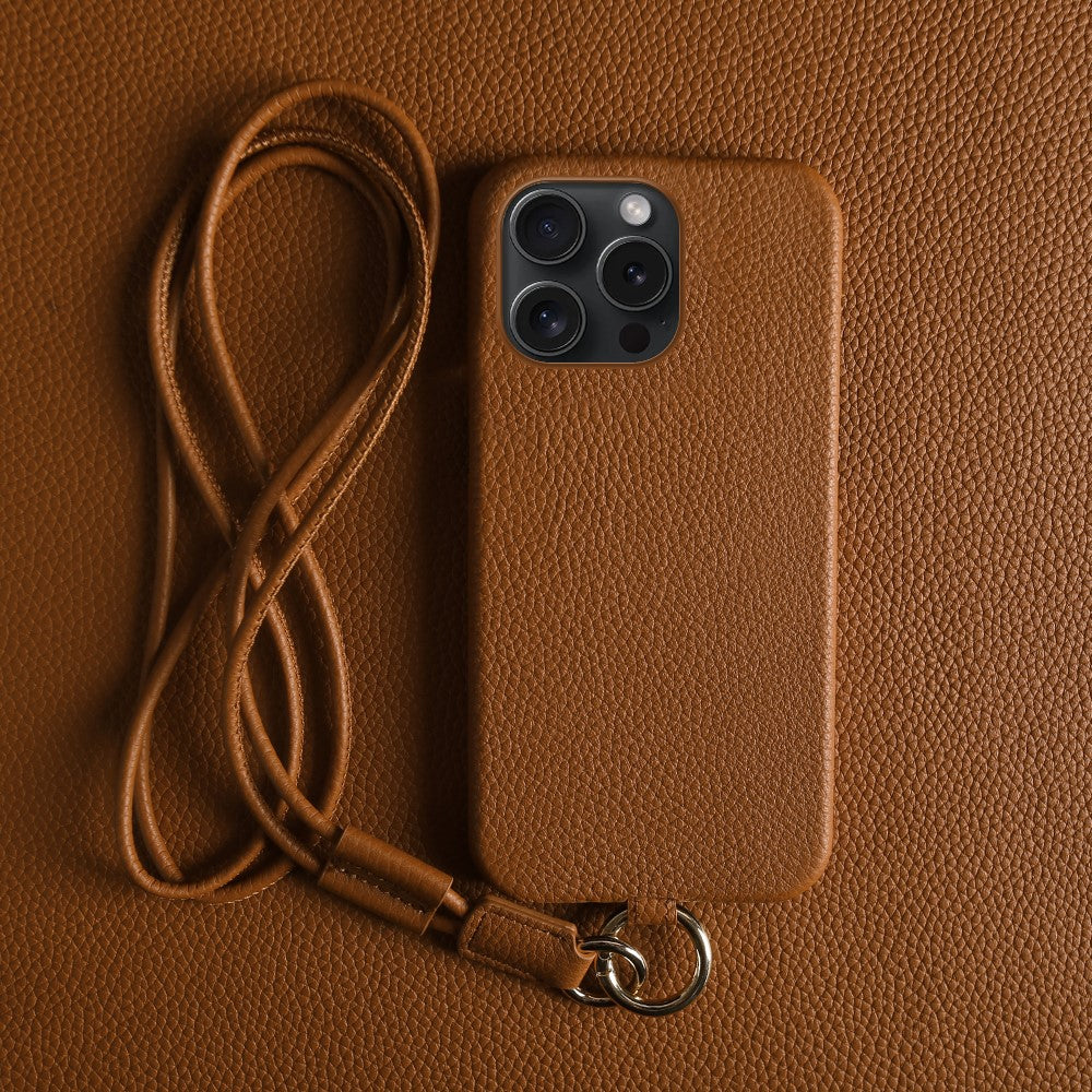 For iPhone 14 Pro Case with Lanyard Genuine Cow Leather PC Phone Back Cover