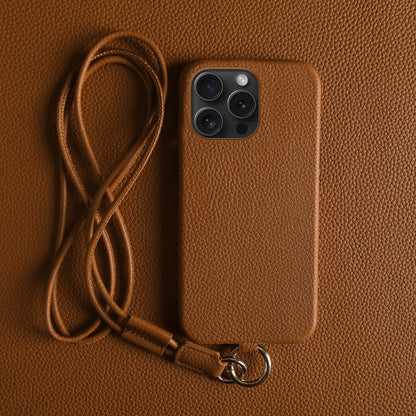 For iPhone 14 Pro Case with Lanyard Genuine Cow Leather PC Phone Back Cover