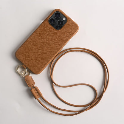 For iPhone 14 Pro Case with Lanyard Genuine Cow Leather PC Phone Back Cover
