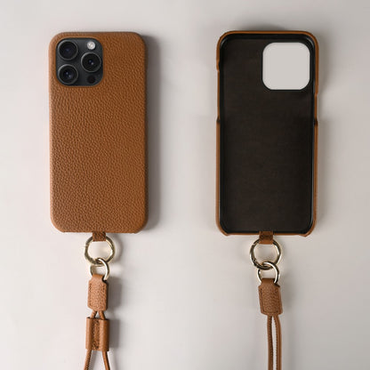 For iPhone 14 Pro Case with Lanyard Genuine Cow Leather PC Phone Back Cover