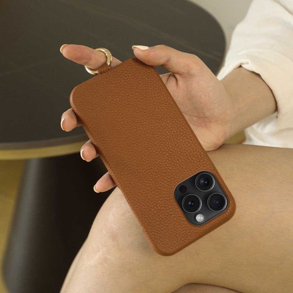 For iPhone 14 Pro Case with Lanyard Genuine Cow Leather PC Phone Back Cover