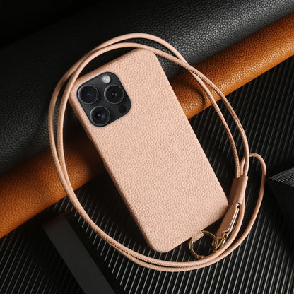 For iPhone 14 Pro Case with Lanyard Genuine Cow Leather PC Phone Back Cover