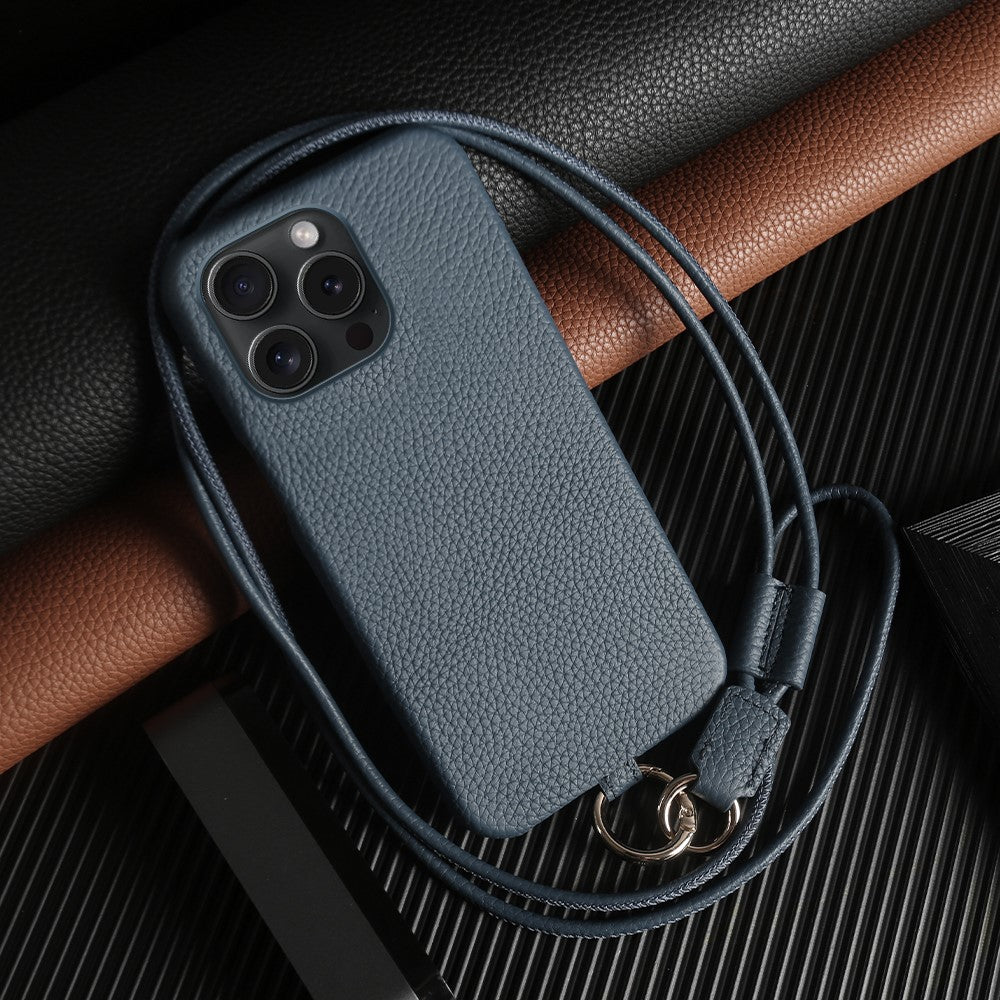 For iPhone 14 Pro Case with Lanyard Genuine Cow Leather PC Phone Back Cover