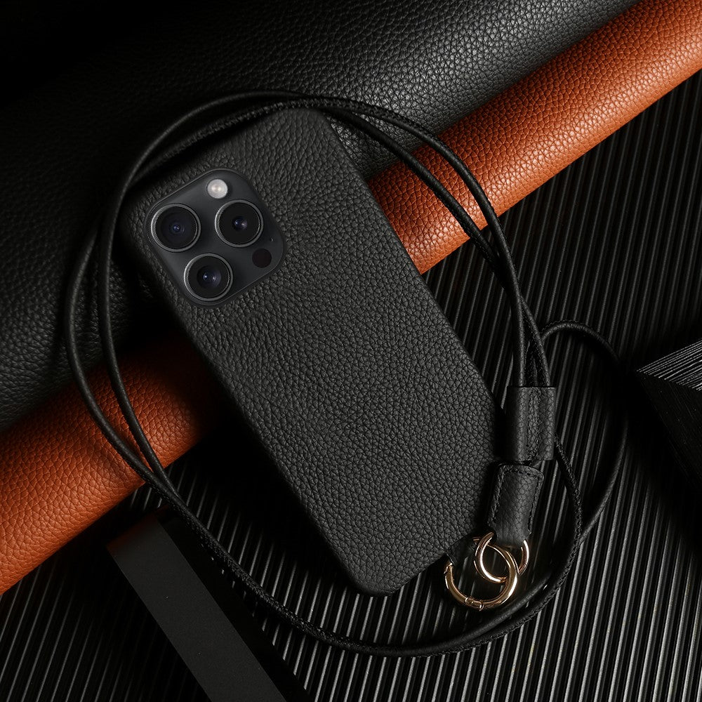 For iPhone 14 Pro Case with Lanyard Genuine Cow Leather PC Phone Back Cover