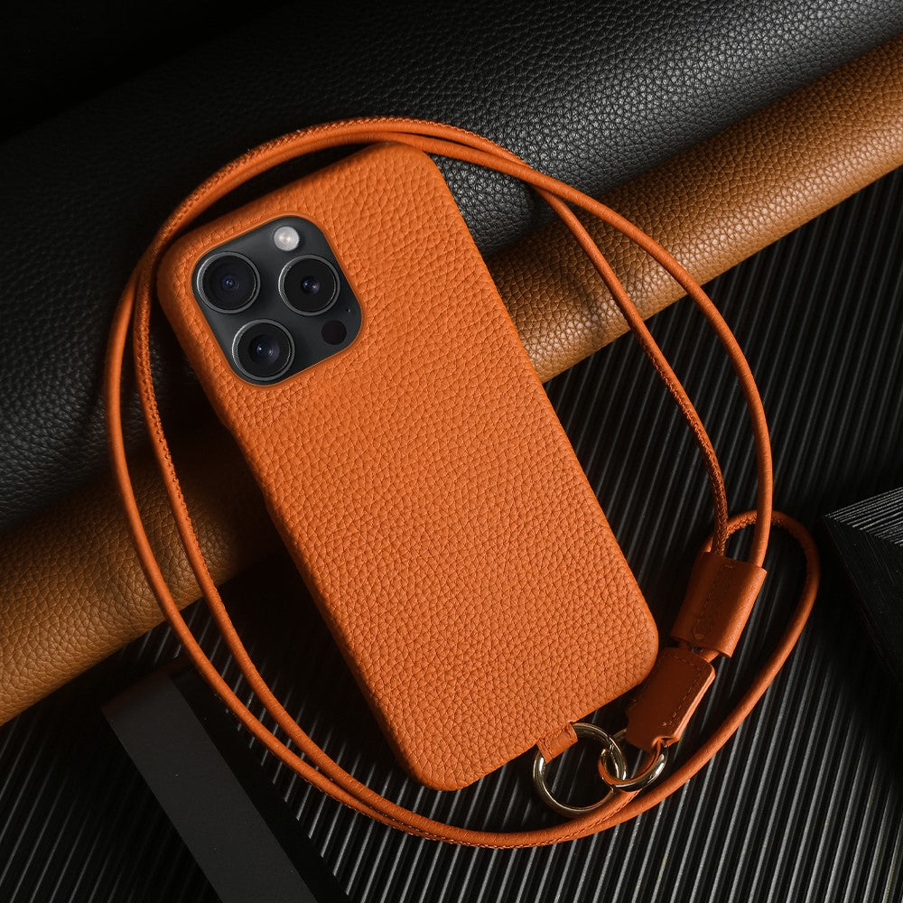 For iPhone 14 Pro Case with Lanyard Genuine Cow Leather PC Phone Back Cover