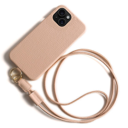 For iPhone 14 Case with Lanyard Genuine Cow Leather PC Phone Back Cover