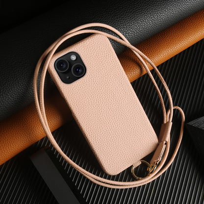 For iPhone 14 Case with Lanyard Genuine Cow Leather PC Phone Back Cover