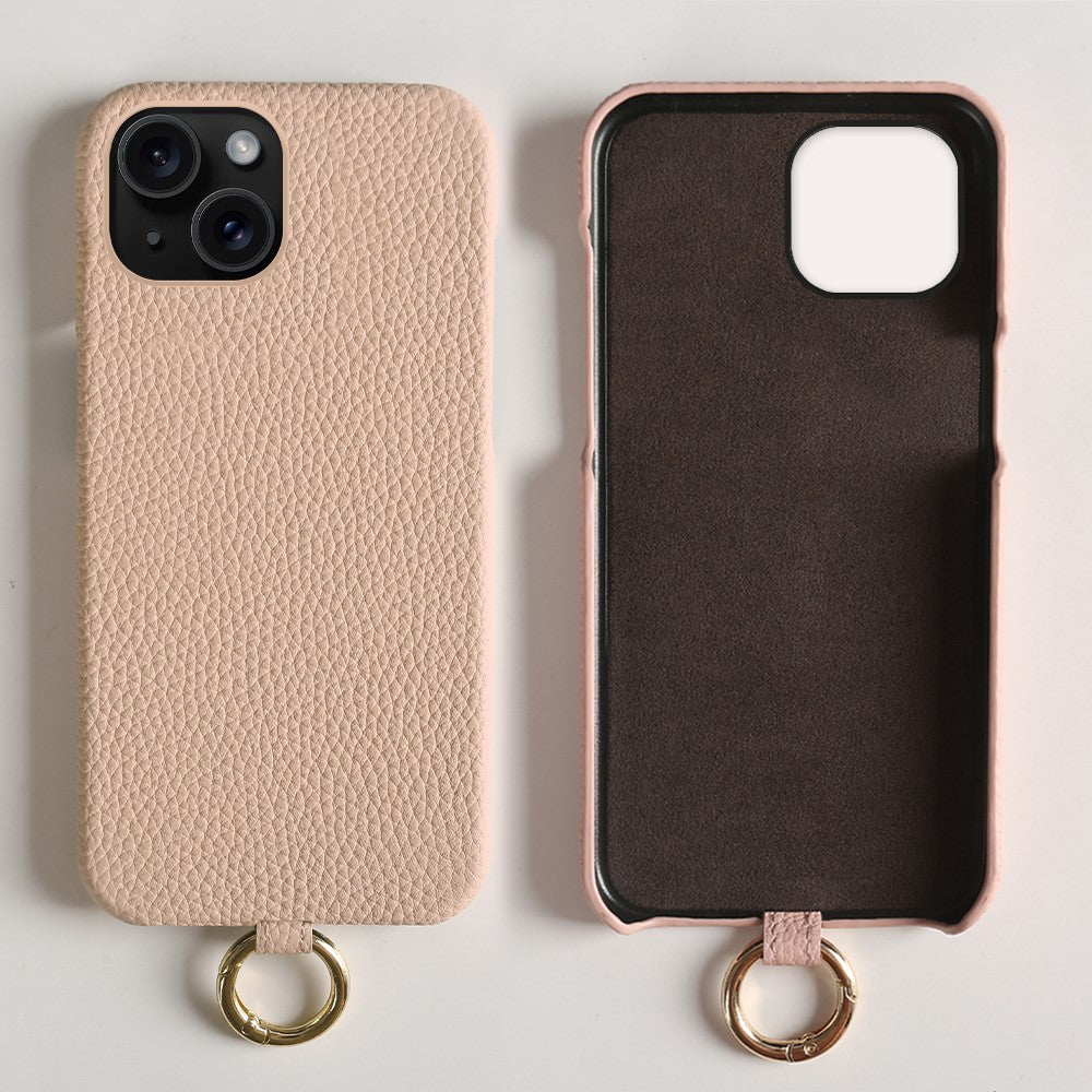 For iPhone 14 Case with Lanyard Genuine Cow Leather PC Phone Back Cover