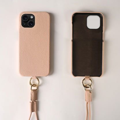 For iPhone 14 Case with Lanyard Genuine Cow Leather PC Phone Back Cover