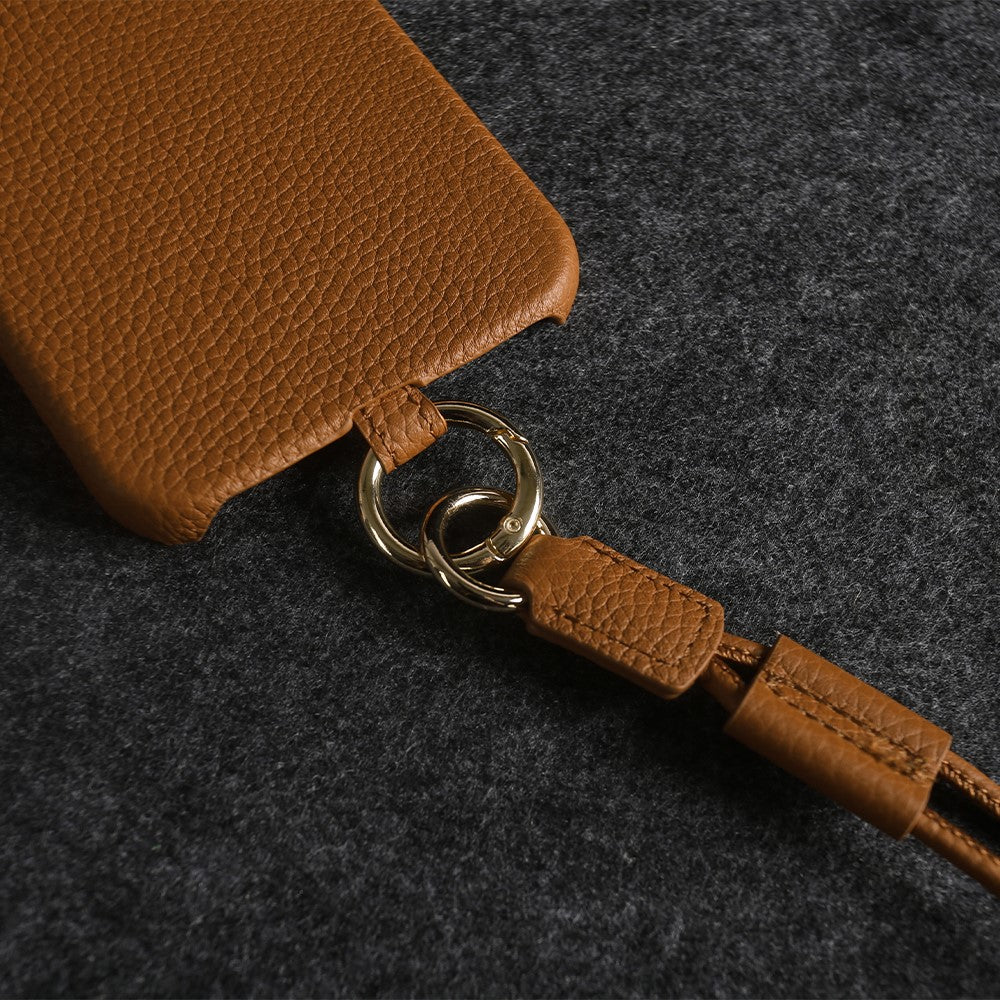 For iPhone 14 Case with Lanyard Genuine Cow Leather PC Phone Back Cover