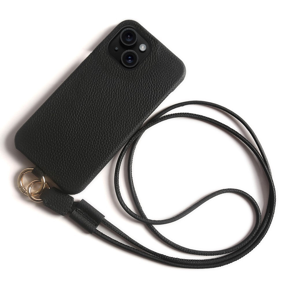 For iPhone 14 Case with Lanyard Genuine Cow Leather PC Phone Back Cover