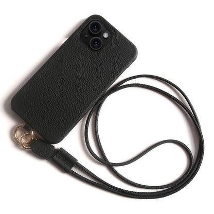 For iPhone 14 Case with Lanyard Genuine Cow Leather PC Phone Back Cover