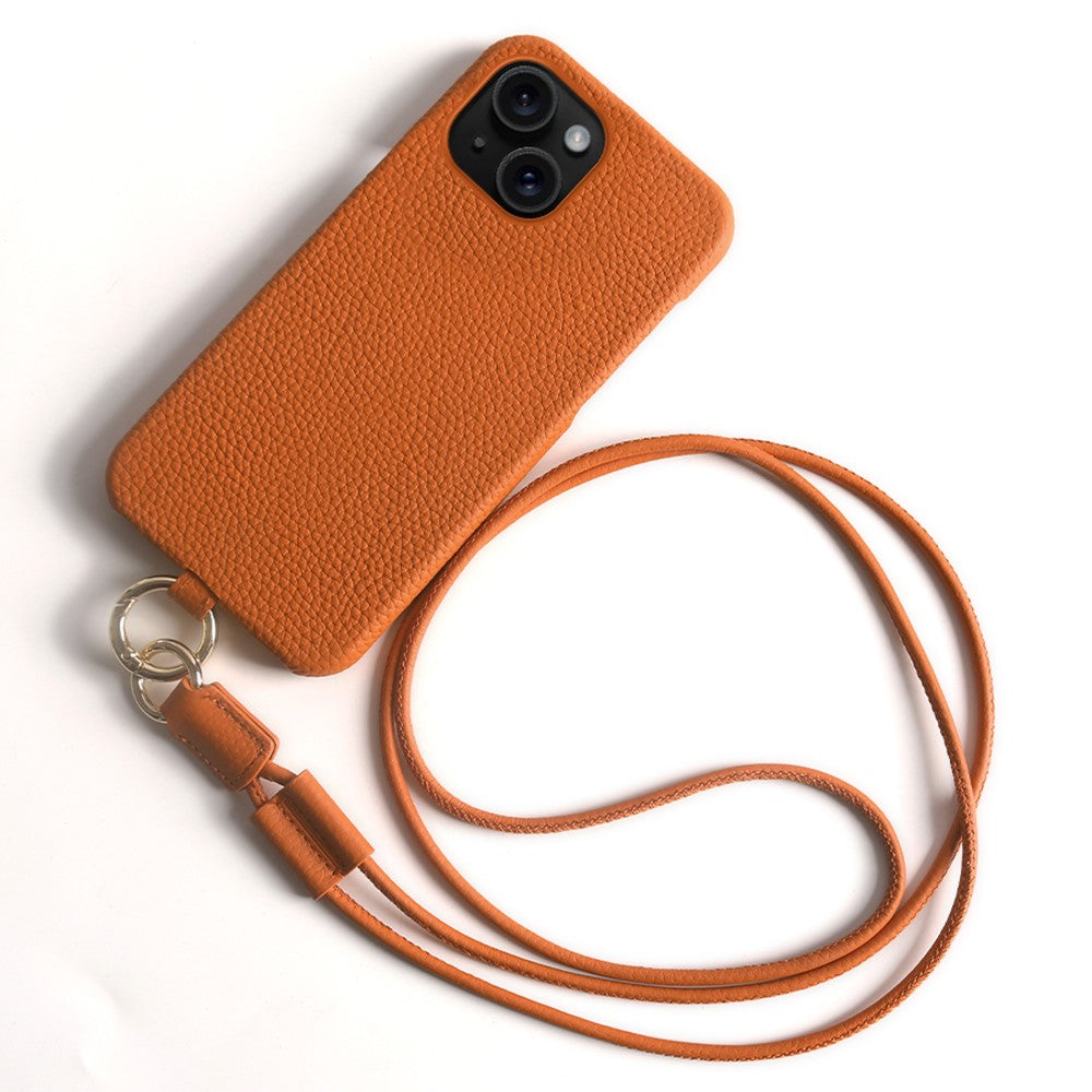 For iPhone 14 Case with Lanyard Genuine Cow Leather PC Phone Back Cover