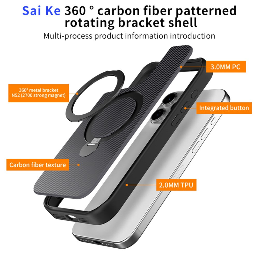 For iPhone 14 Pro Phone Case with Magnetic Kickstand TPU + PC Carbon Fiber Back Cover