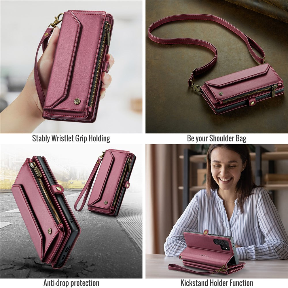 CASEME For Samsung Galaxy S25 Ultra Leather Case  C36 Zipper Multiple Card Slots Phone Cover with Straps