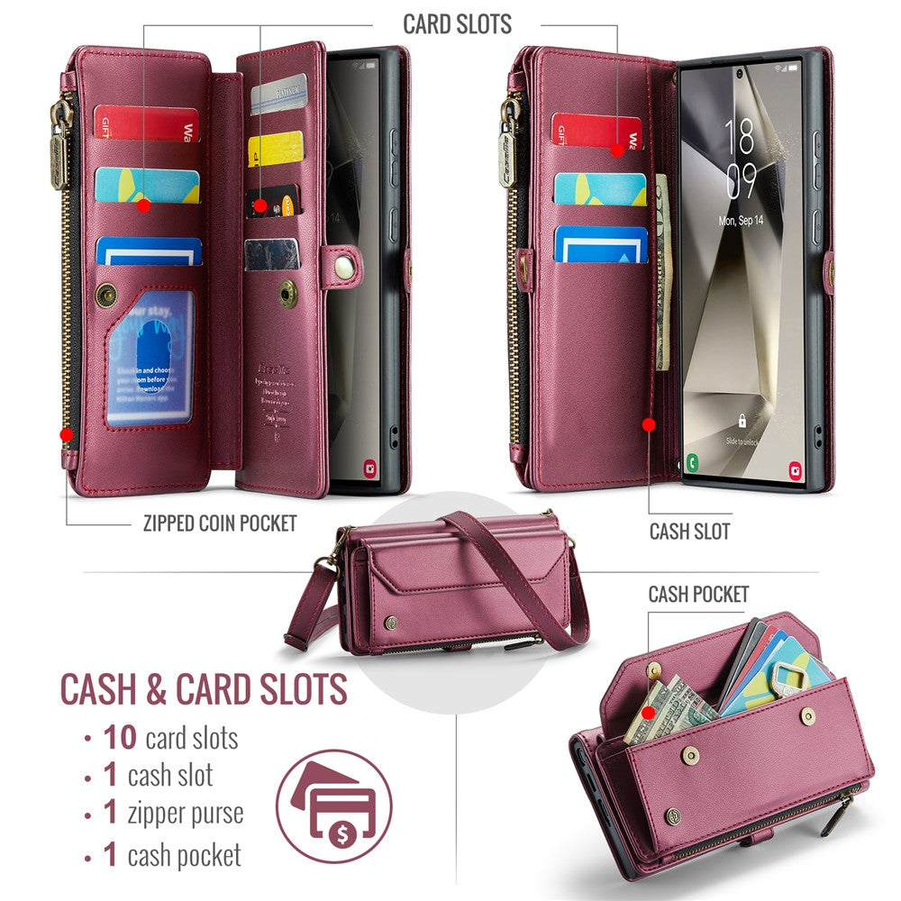 CASEME For Samsung Galaxy S25 Ultra Leather Case  C36 Zipper Multiple Card Slots Phone Cover with Straps