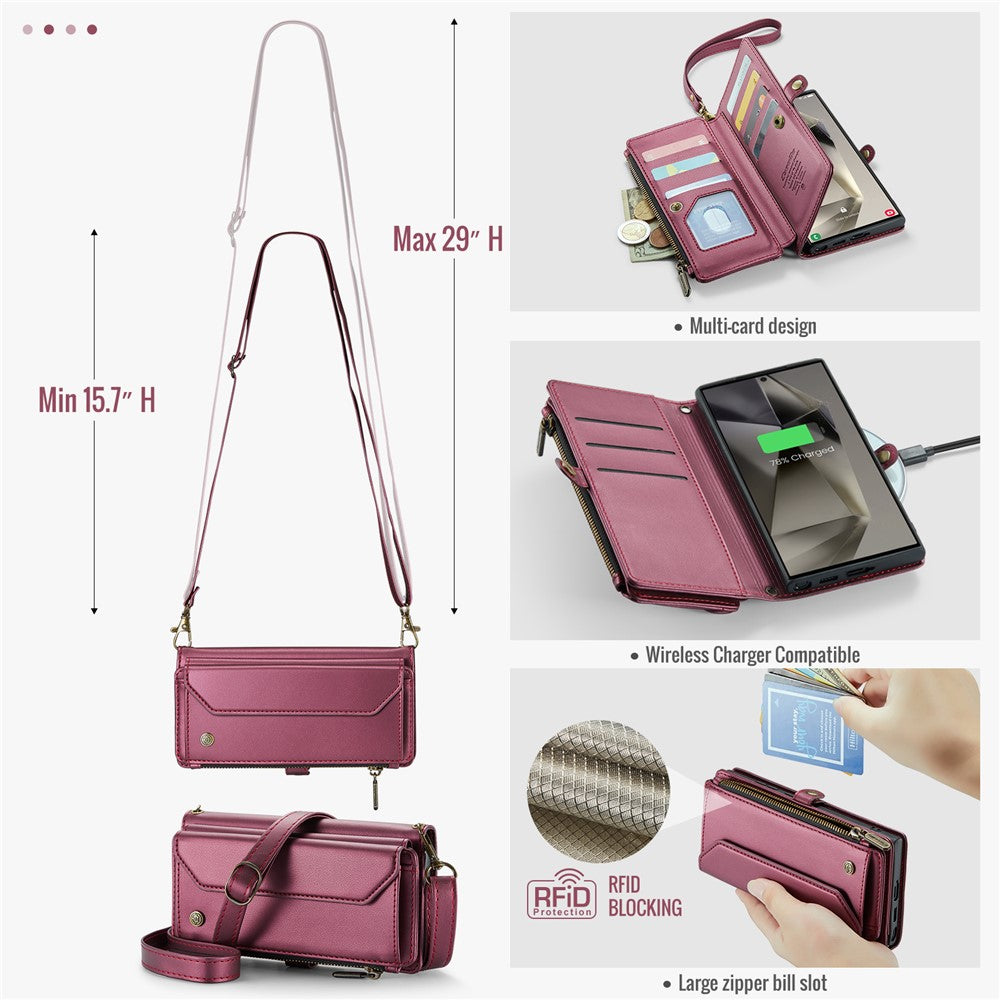 CASEME For Samsung Galaxy S25 Ultra Leather Case  C36 Zipper Multiple Card Slots Phone Cover with Straps