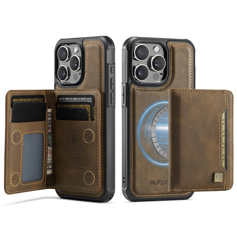 AUTSPACE For iPhone 14 Pro Case  A13 Vintage Leather Back Cover with Magnetic Detachable Card Bag