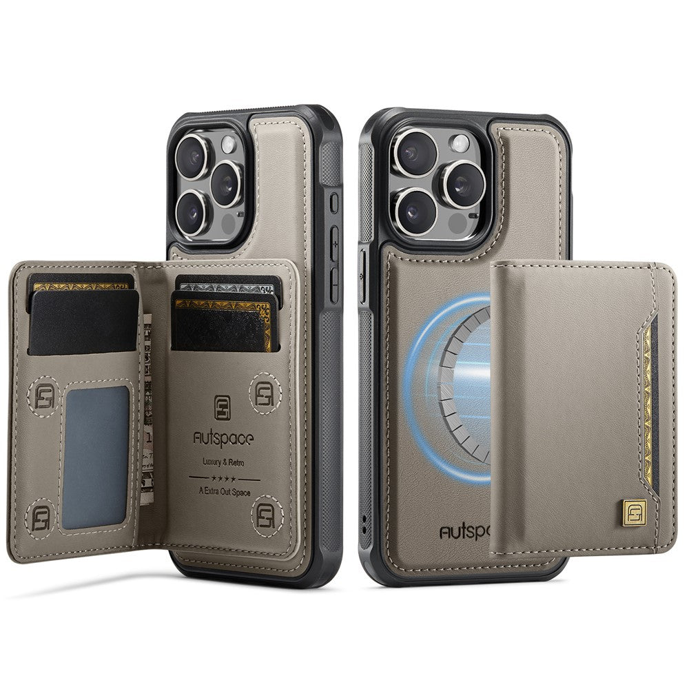 AUTSPACE For iPhone 14 Pro Case  A13 Vintage Leather Back Cover with Magnetic Detachable Card Bag