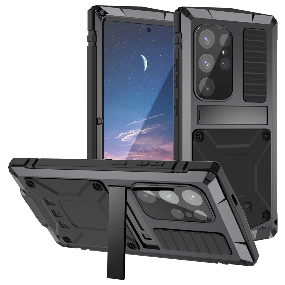 R-JUST For Samsung Galaxy S25 Ultra Case PC + Silicone + Metal Kickstand Phone Cover with Tempered Glass Film