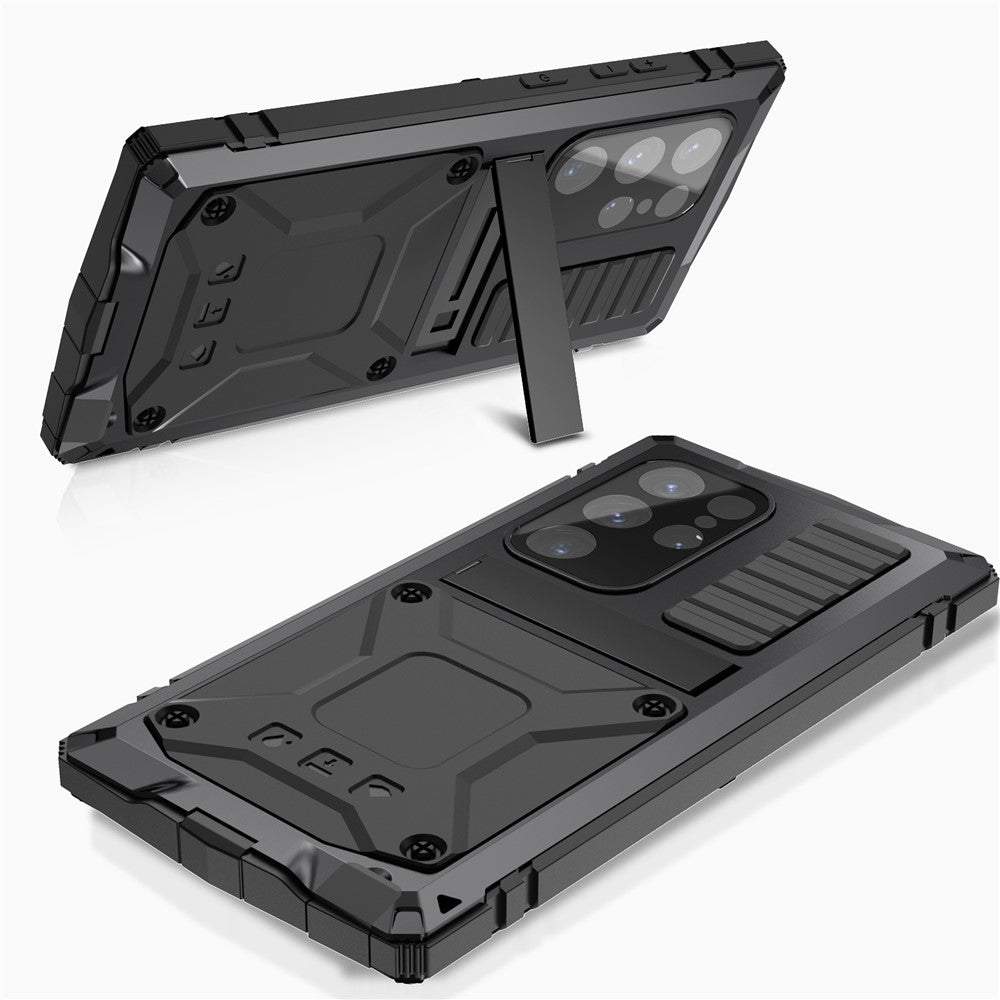 R-JUST For Samsung Galaxy S25 Ultra Case PC + Silicone + Metal Kickstand Phone Cover with Tempered Glass Film