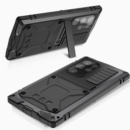 R-JUST For Samsung Galaxy S25 Ultra Case PC + Silicone + Metal Kickstand Phone Cover with Tempered Glass Film