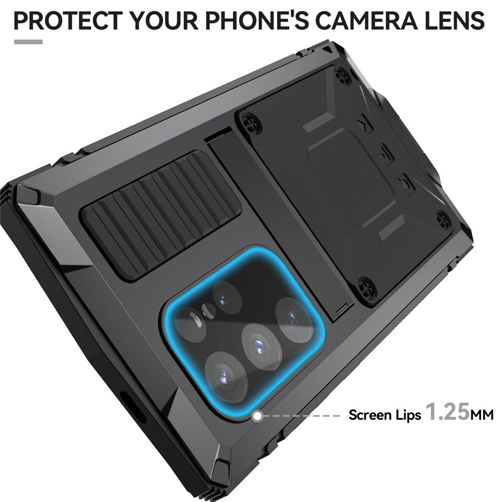 R-JUST For Samsung Galaxy S25 Ultra Case PC + Silicone + Metal Kickstand Phone Cover with Tempered Glass Film