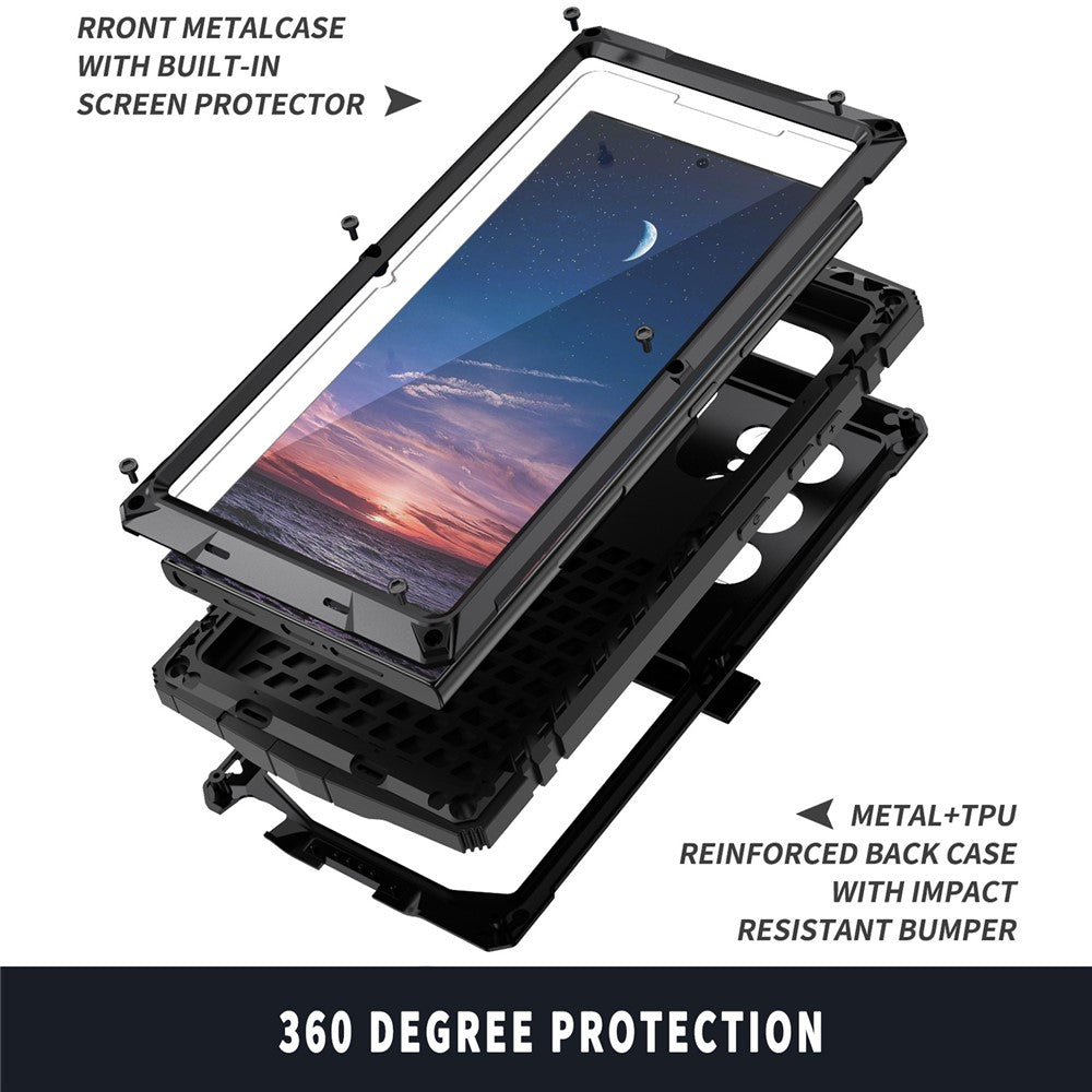 R-JUST For Samsung Galaxy S25 Ultra Case PC + Silicone + Metal Kickstand Phone Cover with Tempered Glass Film