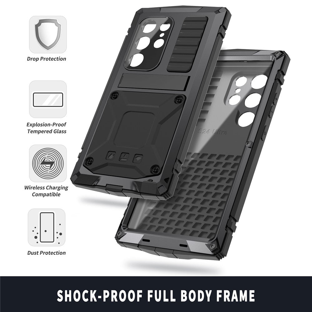 R-JUST For Samsung Galaxy S25 Ultra Case PC + Silicone + Metal Kickstand Phone Cover with Tempered Glass Film