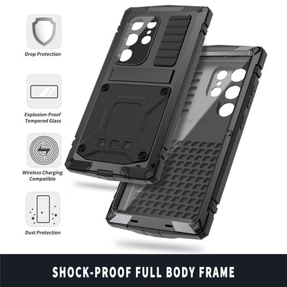 R-JUST For Samsung Galaxy S25 Ultra Case PC + Silicone + Metal Kickstand Phone Cover with Tempered Glass Film